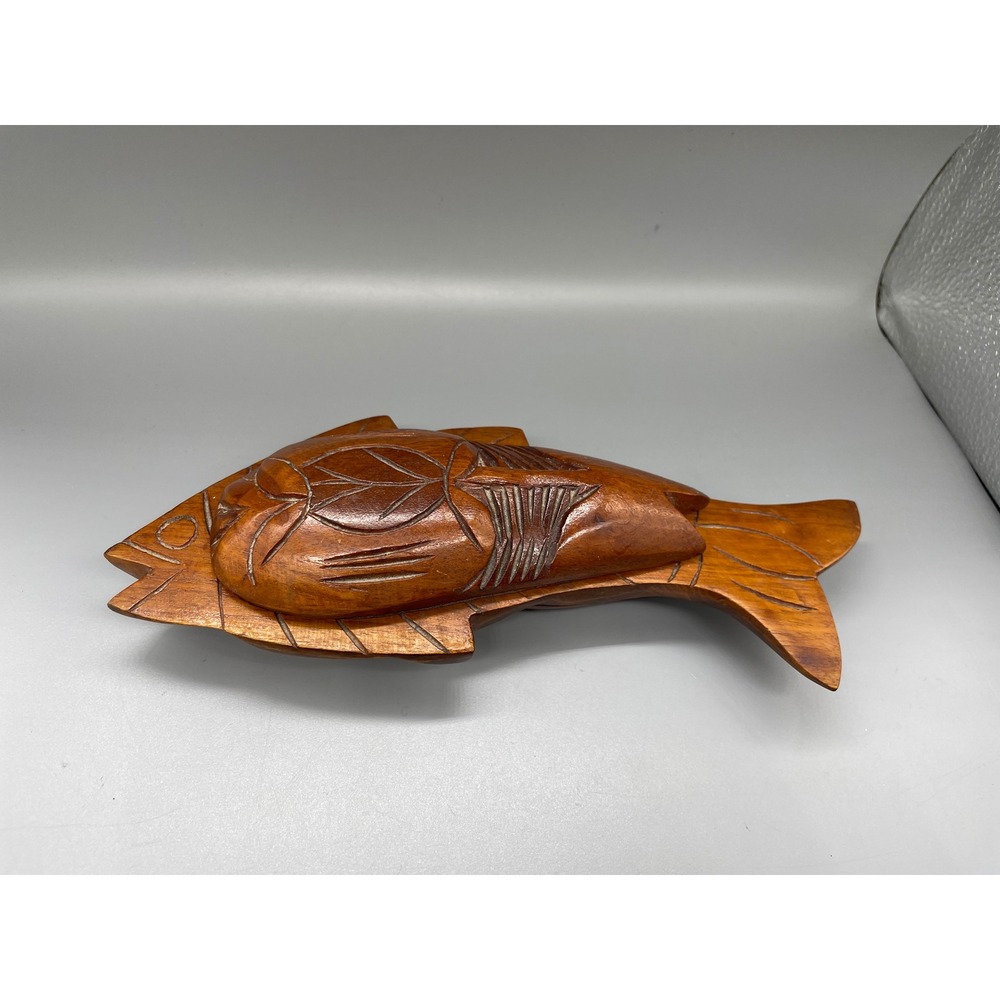 Vintage Hand Carved Wooden Fish Trinket Box Decorative Wood Bowl with Lid 9 Inch - Picture 2 of 5